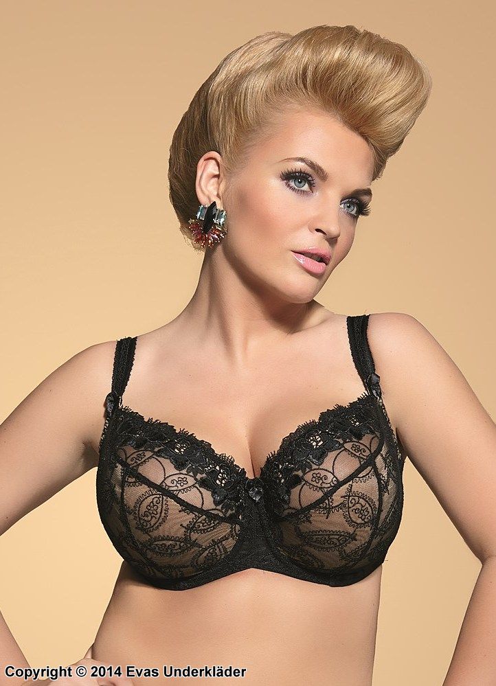 Exclusive big cup bra, mesh, wide lace edge, paisley